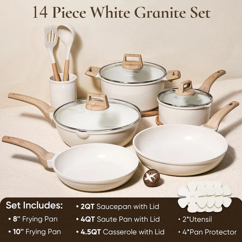 Example produc14-Piece Nonstick Cookware Set | Durable Aluminum   Gas, Induction & Ceramic Compatible      Oven Safe     Cream White Kitchen Sett